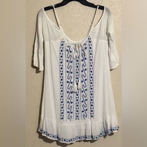 White and Blue Embroidered Women's Tunic Top
